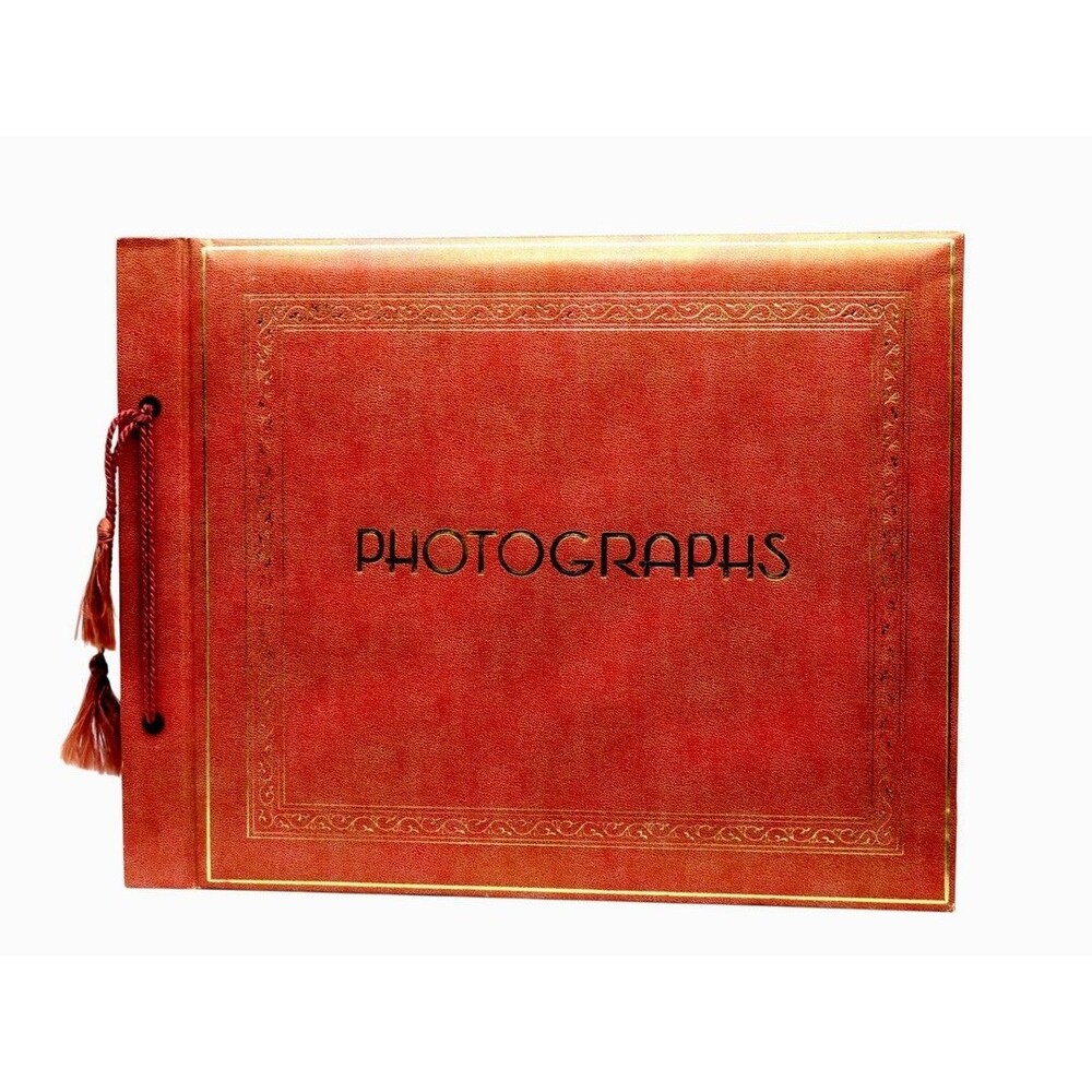 Vintage Faux Leather Photo Album Cord Bound w Tassels Gold Lettering Black Pages
